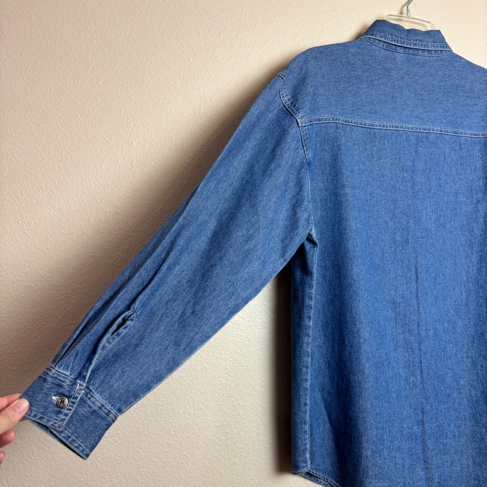Cottagecore Denim Button Top Womens Medium M Blue Patchwork Folk Art Vintage 90s - Picture 11 of 11